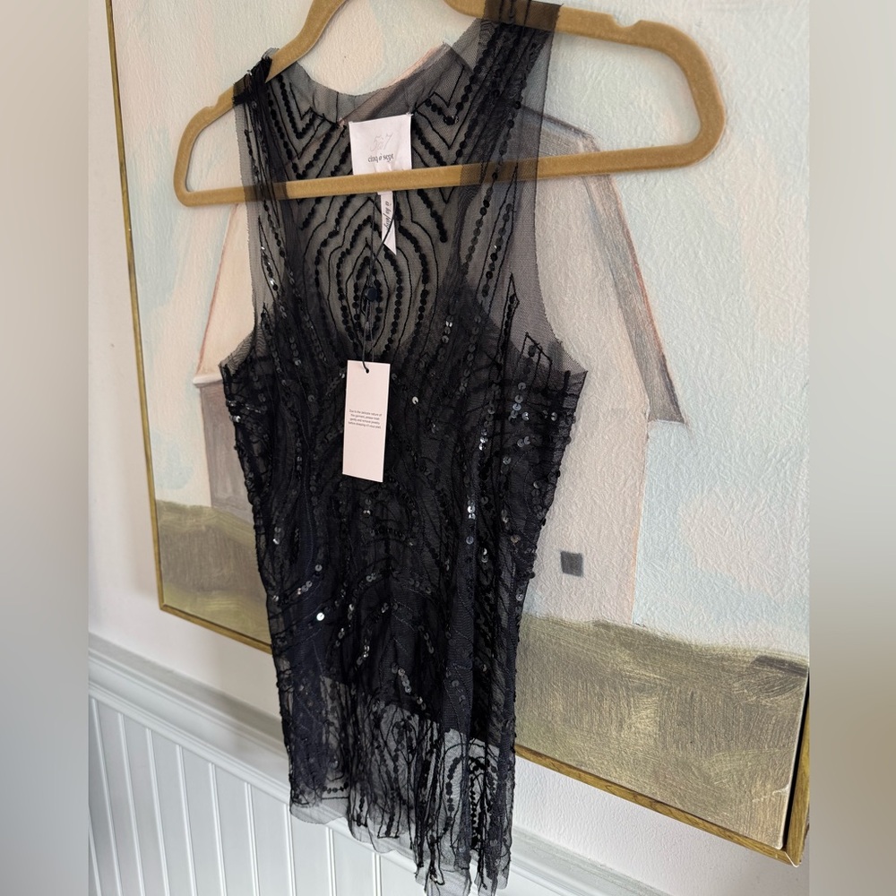 CINQ A SEPT Sheer Beaded Sequin Tank Top Black Size Small NWT - Picture 5 of 8